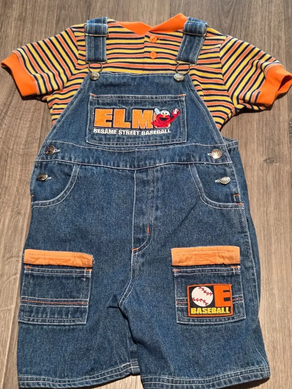 Vintage RARE Y2K Sesame Street Elmo Overall Set Kid 4T Blue Denim Baseball